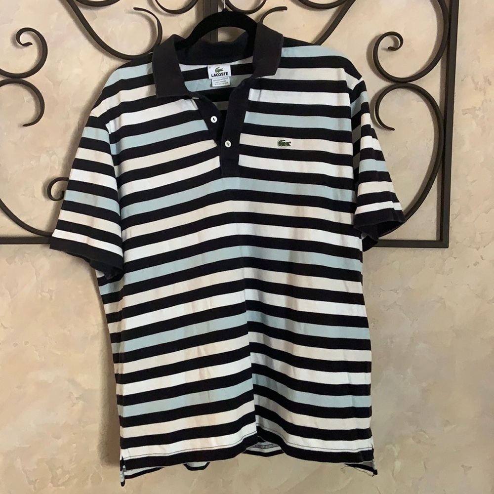 Size 8 blue striped Lacoste polo shirt